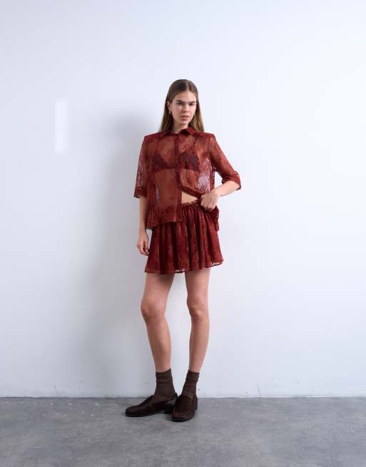 Topshop lace elasticated waist skirt in rust (part of a set), 2 of 5