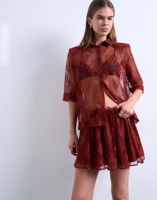 Topshop lace elasticated waist skirt in rust (part of a set), 3 of 5
