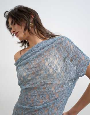 Lace fallen shoulder top in blue | Topshop
