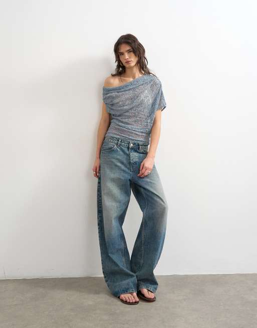 Topshop lace fallen shoulder top in blue, 2 of 4