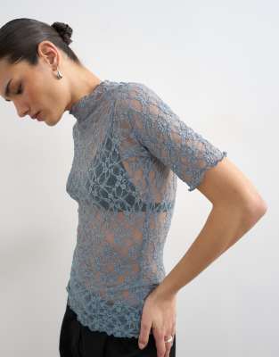 Topshop Lace Fitted High Neck Half Sleeve Top In Blue