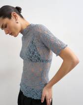 Topshop lace fitted high neck half sleeve top in blue