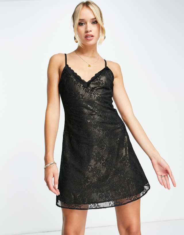 Topshop - lace flippy mini slip dress with gold metallic lining in black