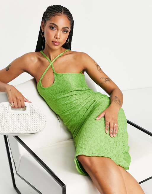 Envii ruched midi dress in lime green sparkle