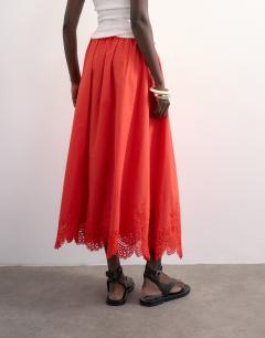 Model wearing Lace hem full circle maxi skirt in red