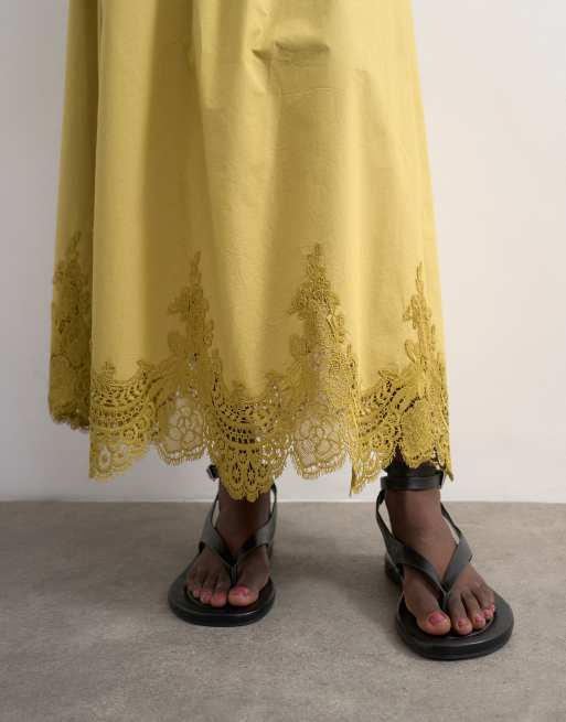 Topshop lace hem full maxi skirt in lime, 3 of 5