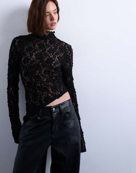 Topshop lace high neck long sleeve asymmetric hem top in black - view 1
