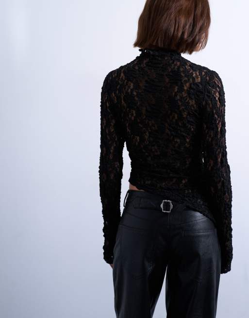 Topshop lace high neck long sleeve asymmetric hem top in black