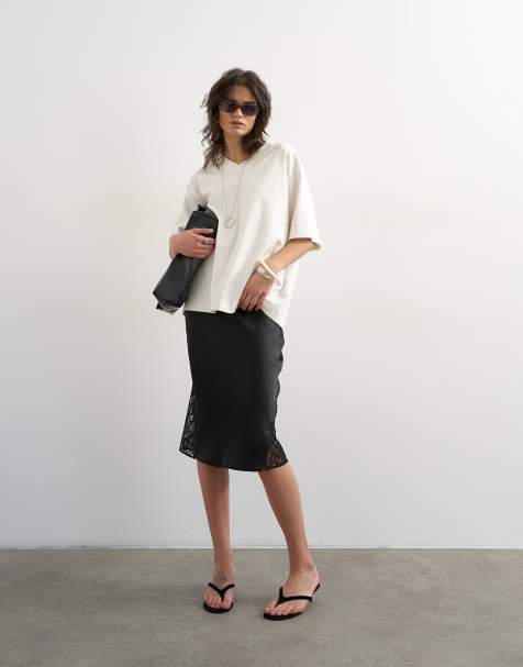 Topshop lace insert awkward length midi skirt in black - view 1