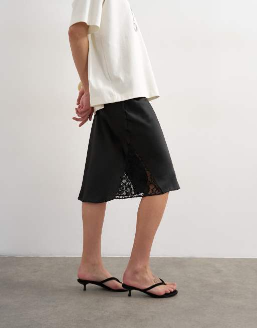 Topshop lace insert awkward length midi skirt in black, 5 of 5