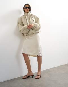 Lace Insert awkward length midi skirt in ivory