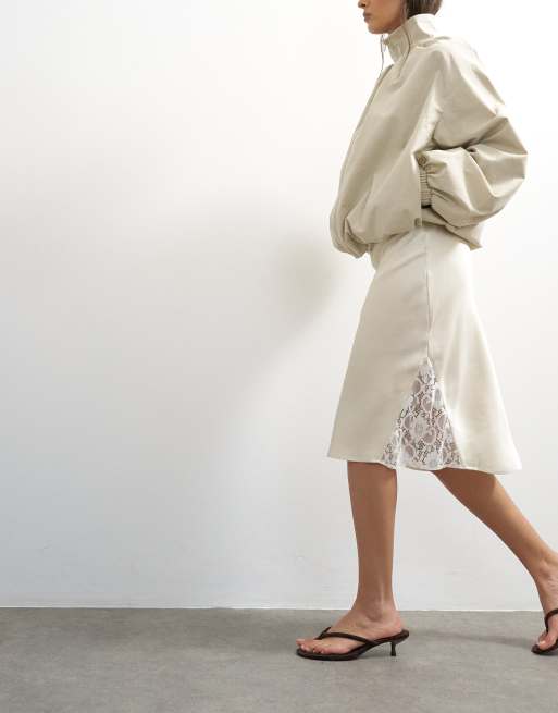 Topshop lace Insert awkward length midi skirt in ivory, 2 of 5