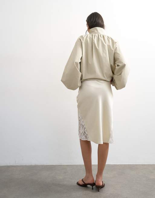 Topshop lace Insert awkward length midi skirt in ivory, 3 of 5
