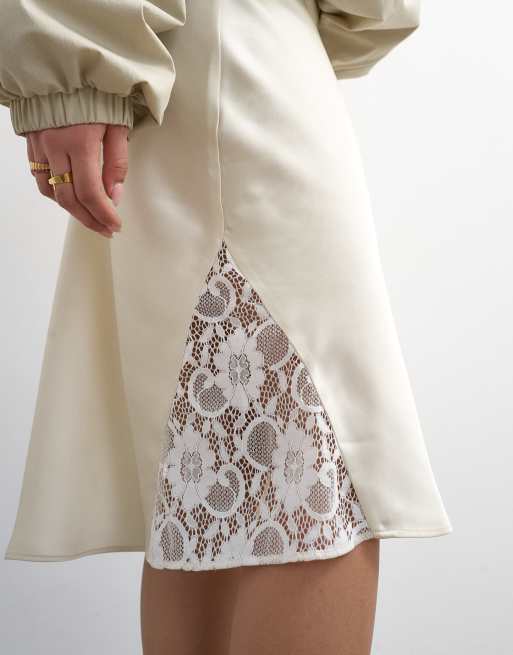 Topshop lace Insert awkward length midi skirt in ivory, 4 of 5