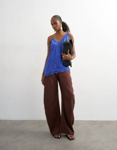Model wearing Lace insert cami top in cobalt