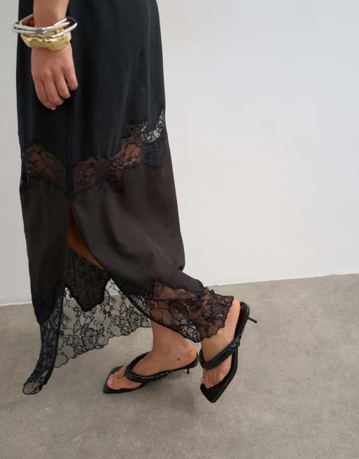 Topshop lace insert column maxi skirt in brown and black, 4 of 5