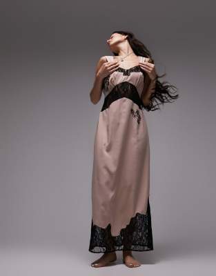 lace insert embroidered maxi slip in pink-White