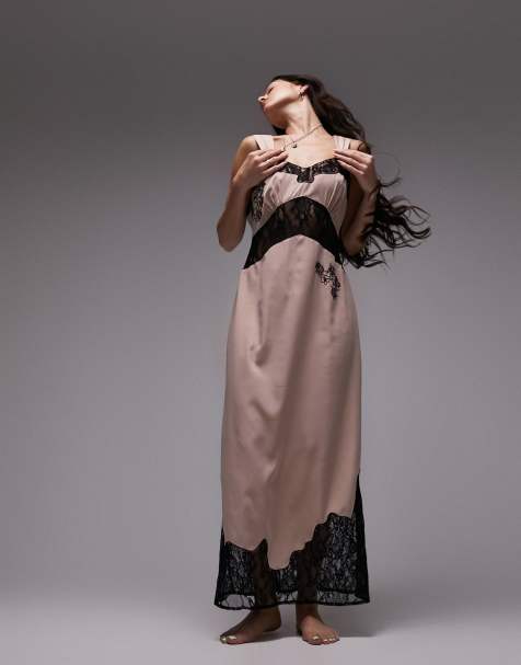 Topshop lace insert embroidered maxi slip in pink - view 1