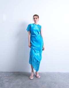 Lace insert grown on shoulder midi dress in deep blue