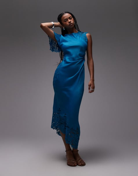 Topshop lace insert grown on shoulder midi dress in deep blue - view 2