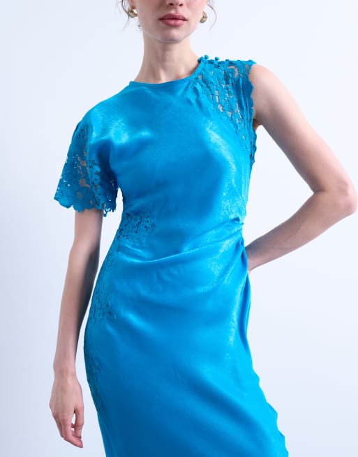 Topshop lace insert grown on shoulder midi dress in deep blue