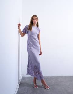 Lace insert grown on shoulder midi dress in dusty lilac
