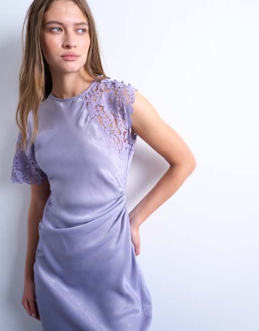 Topshop lace insert grown on shoulder midi dress in dusty lilac ASOS
