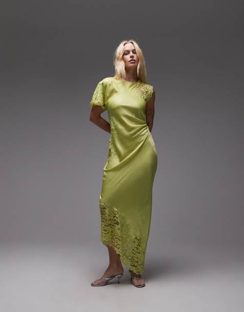 Topshop lace insert grown on shoulder midi dress in lime - view 1