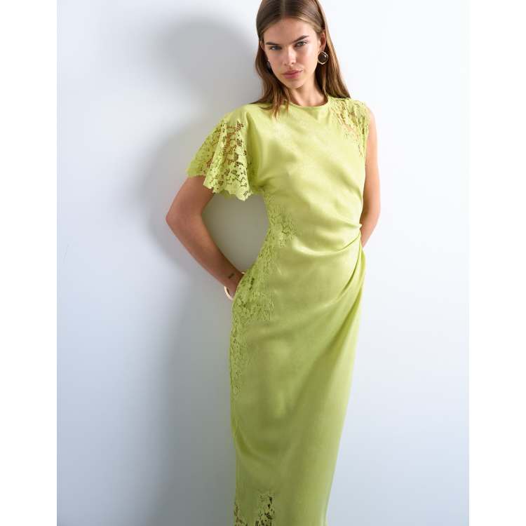 Topshop lace insert grown on shoulder midi dress in lime | ASOS
