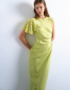 Lace insert grown on shoulder midi dress in lime