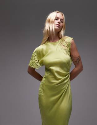 Topshop Lace Insert Grown On Shoulder Midi Dress In Green