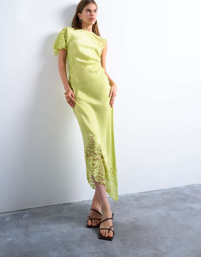 Topshop lace insert grown on shoulder midi dress in lime