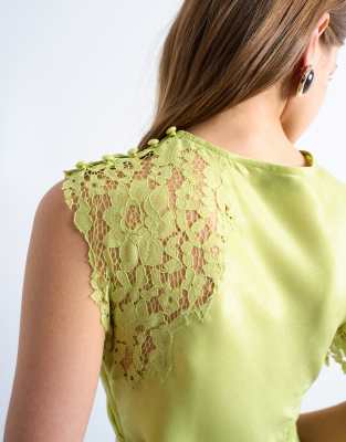 Lace insert grown on shoulder midi dress in lime | Topshop