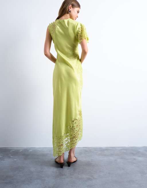 Topshop lace insert grown on shoulder midi dress in lime