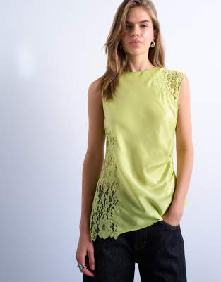 Topshop Lace Insert Grown On Shoulder Top In Yellow