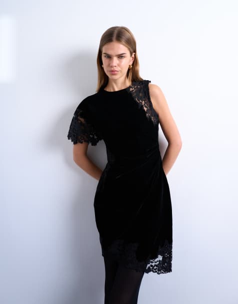 Topshop lace insert grown on shoulder velvet mini dress in black - view 1