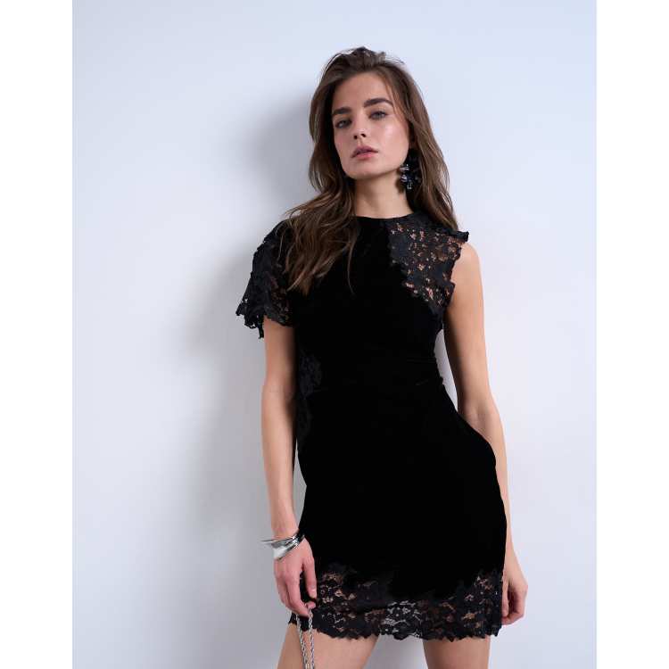 knee length dresses for ladies Angie Flocked Velvet Pearl Mesh Mini Dress in Black | Size: S | Stretchy Fabric