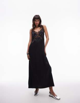 Topshop Lace Insert Midi Dress In Black