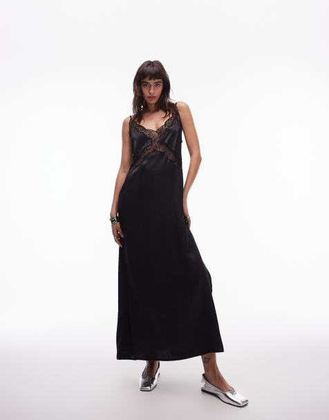 Topshop lace insert midi dress in black - view 1