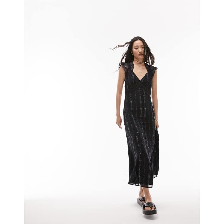 Black lace mesh stripe insert midi dress hotsell