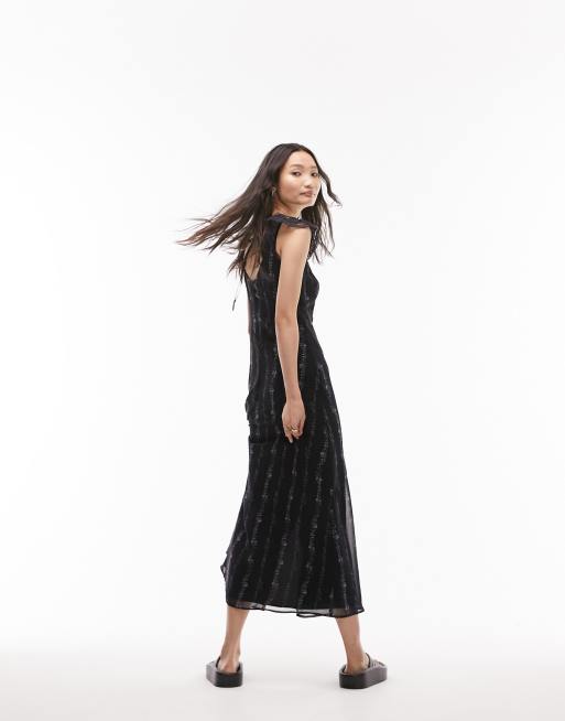 Black lace mesh stripe insert midi dress hotsell