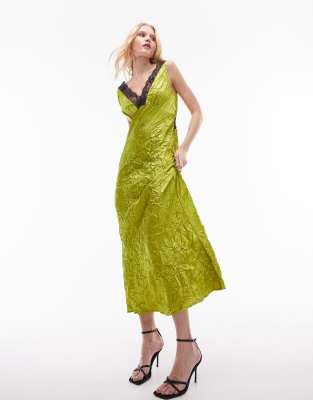 topshop lace insert midi slip dress in chartreuse