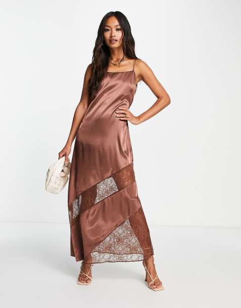 ASOS DESIGN sleeveless maxi dress with cut out front in brown