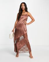 ASOS DESIGN one shoulder satin midaxi dress with contrast lace inserts in chocolate ASOS