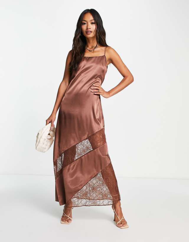 Topshop lace insert midi slip dress in chocolate