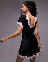 Topshop lace insert mini dress with asymmetric sleeve in white and black