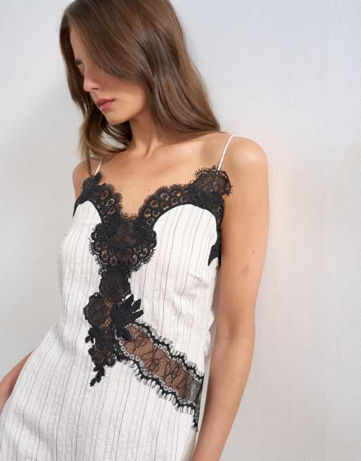 Topshop lace insert mini slip dress with open back cowl in white woven stripe, 2 of 4
