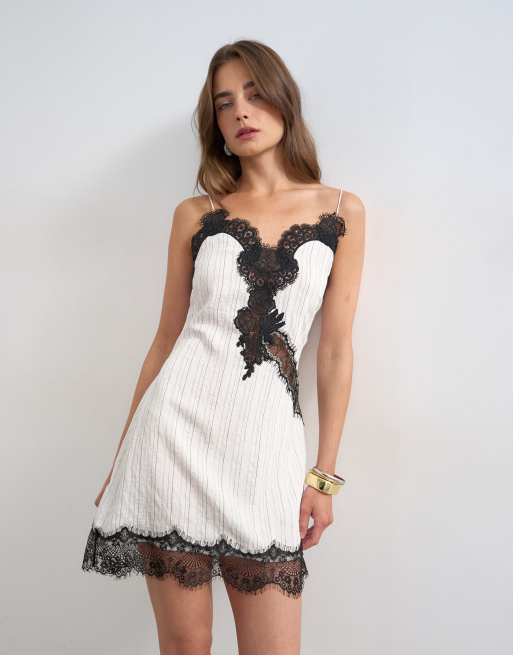 Topshop lace insert mini slip dress with open back cowl in white woven stripe, 4 of 4