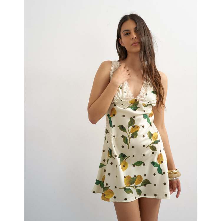 Topshop lace insert pintucked waist mini tea dress in Lemon Polka Dot | ASOS