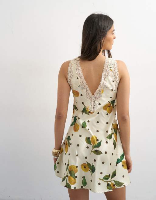 Topshop lace insert pintucked waist mini tea dress in Lemon Polka Dot | ASOS